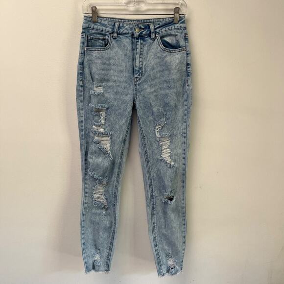 Tinseltown Women's Stonewash Skinny Jeans 5 Distressed High Rise Raw Hem Denim - Picture 2 of 8